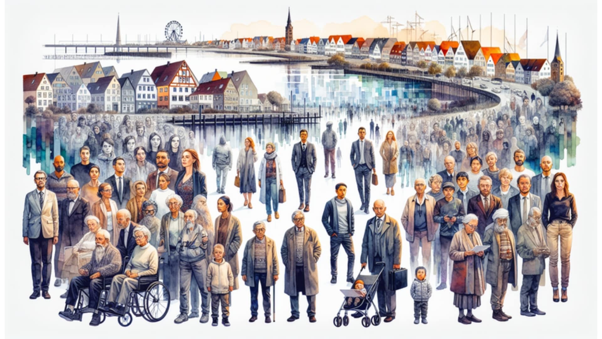 Illustration der demografischen Vielfalt in Schleswig-Holstein, dargestellt in Aquarellstil mit Menschen verschiedener Altersgruppen und Kulturen.