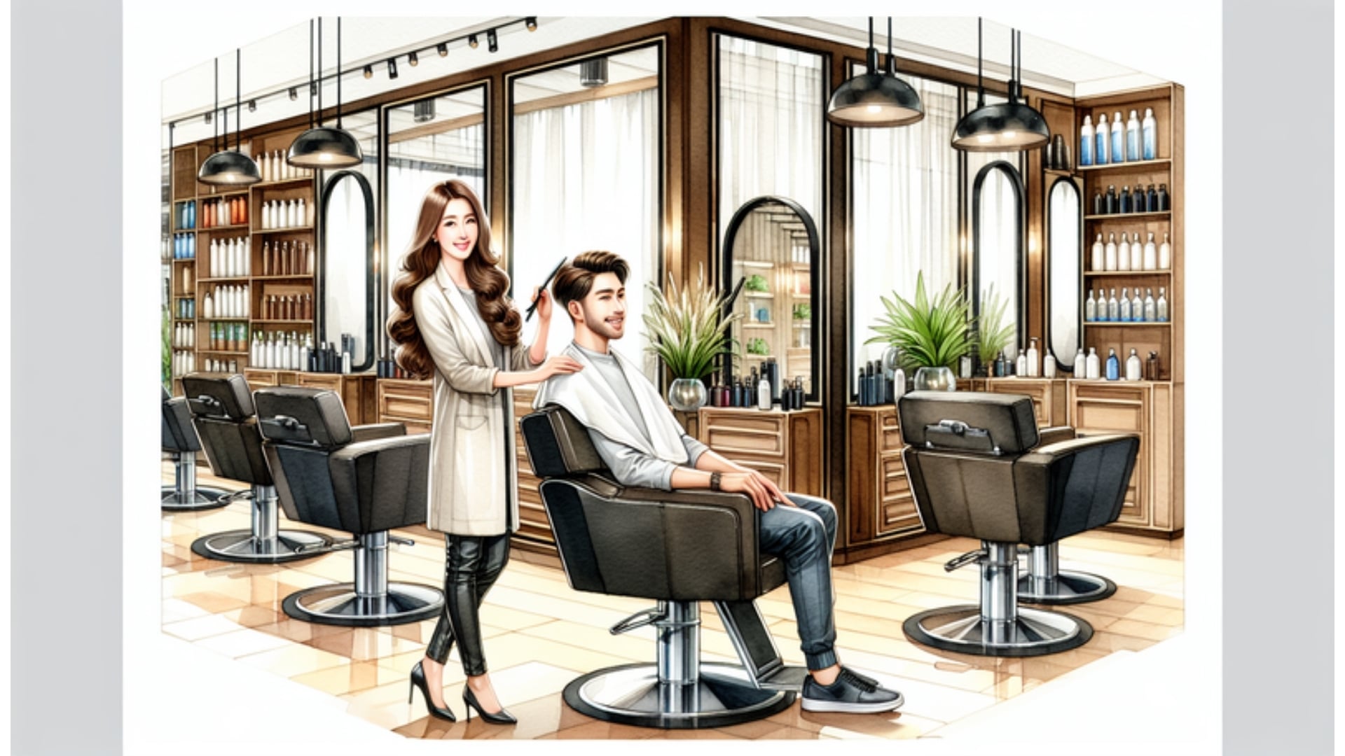 Moderner Friseursalon in Schleswig, stilvolles Interieur mit freundlichem Friseur und zufriedenen Kunden, 16:9 Aquarell-Stil.