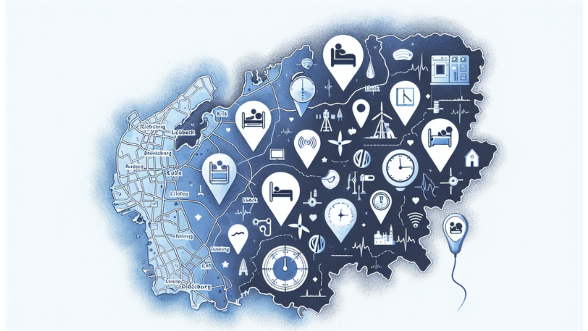 Karte von Schleswig-Holstein mit hervorgehobenen Standorten der Schlafmedizin-Zentren in Lübeck, Kiel, Rendsburg und Oldenburg, illustriert in einem Wasserfarbstil.