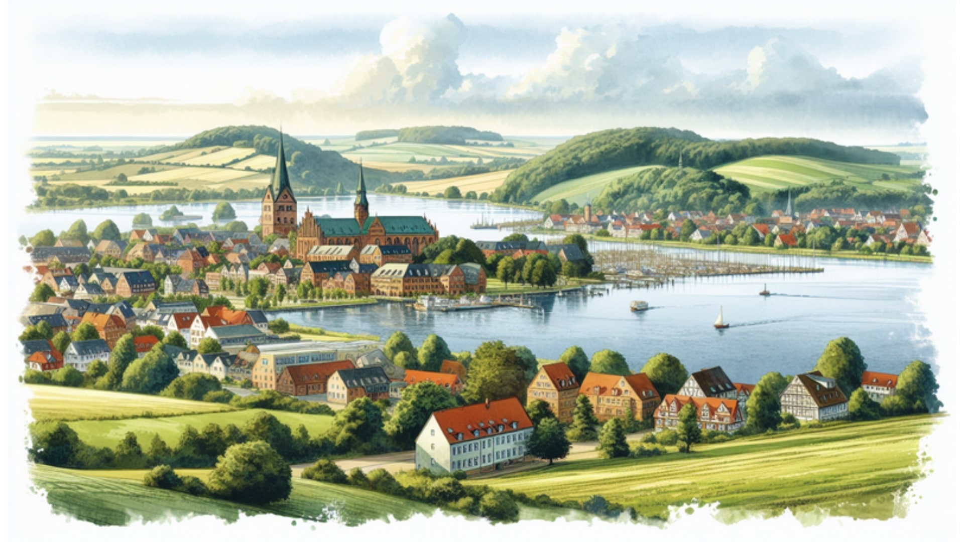 Aquarellansicht von Schleswig mit Schlei Förde, Geestlandschaft und kulturellen Bauwerken, gezeigt unter leicht bewölktem Himmel, im 16:9 Format.