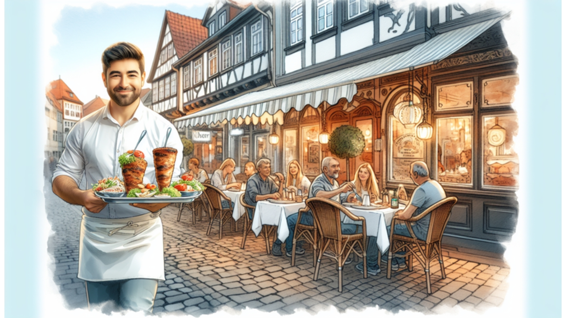 Türkisches Restaurant in Schleswig mit Gästen im Freien, serviert traditionelle Gerichte wie Döner Kebap und Lahmacun in Aquarellstil.