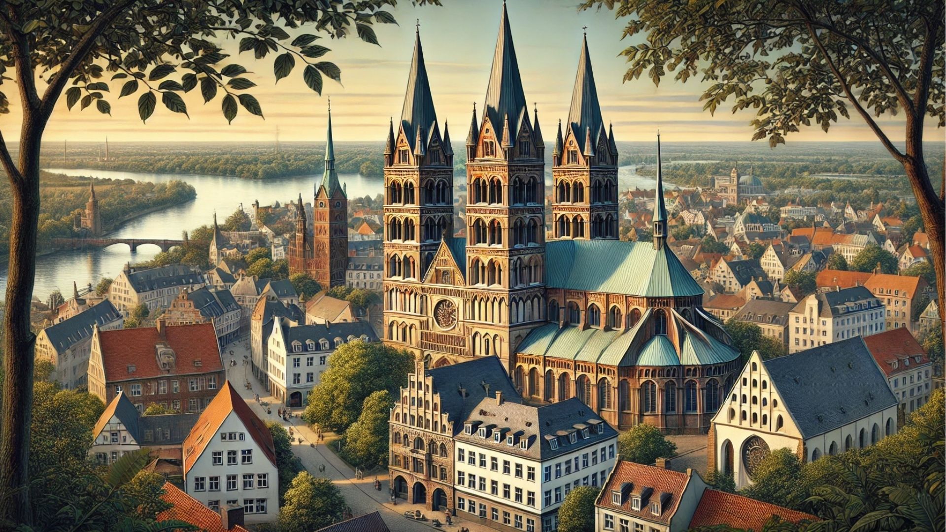 Schleswiger Dom in der Abendsonne, neugotischer Westturm und historische Gebäude im Stadtzentrum, mit Blick auf die Schlei.