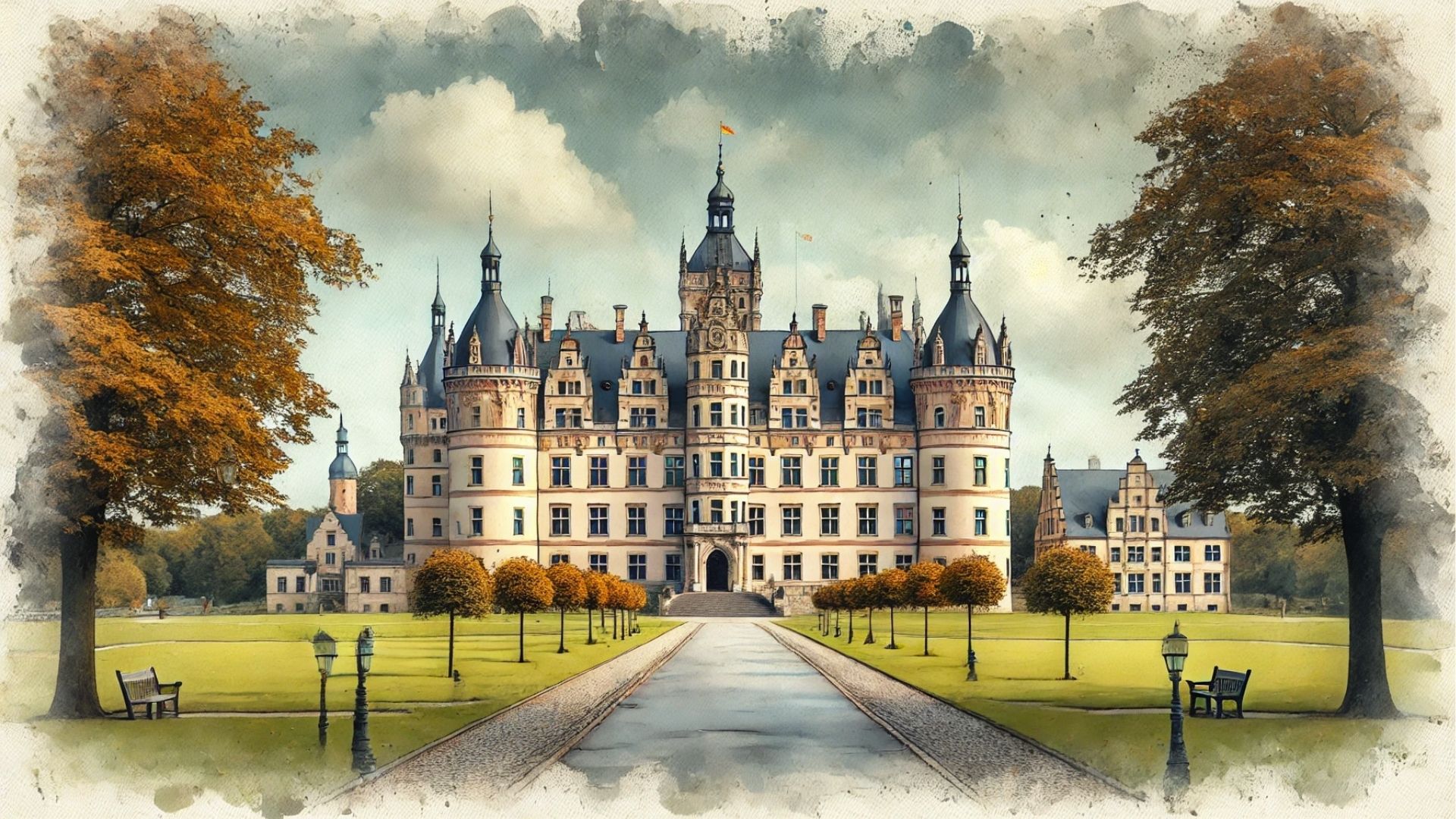 Schloss Gottorf in Schleswig mit beeindruckender mittelalterlicher und barocker Architektur, umgeben von Grünflächen, herbstlichen Bäumen und einem wolkigen Himmel.