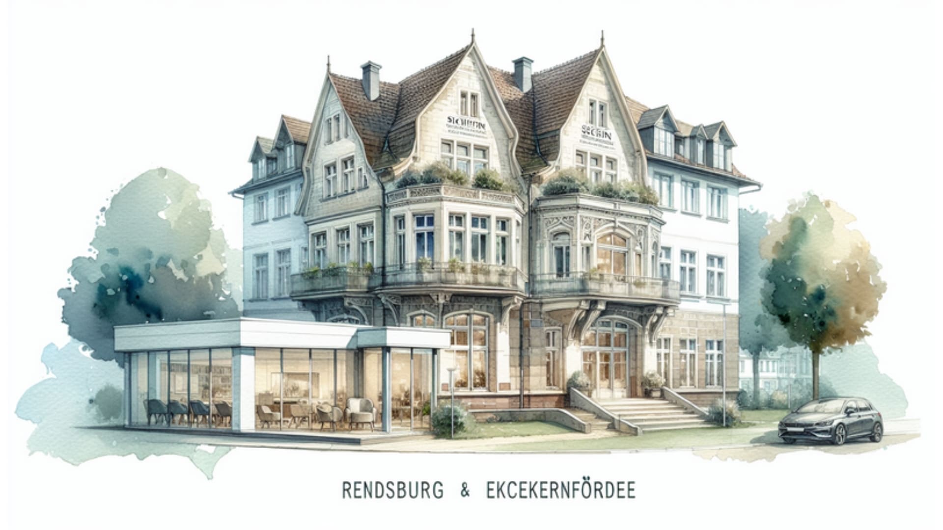 Aquarellillustration der Schön Klinik Rendsburg und Eckernförde, die ihre moderne Architektur und beruhigende Umgebung im 16:9-Format zeigt.