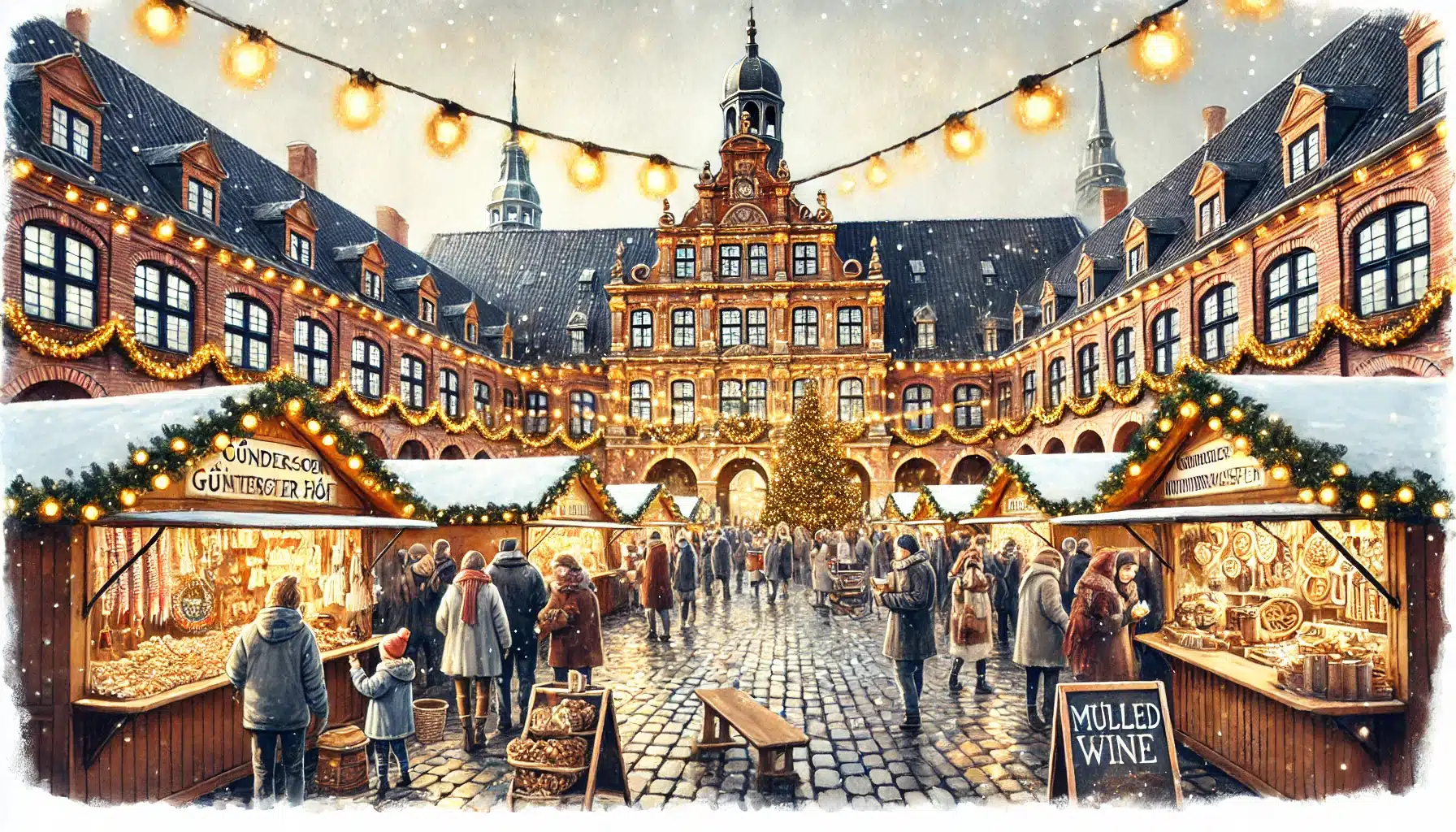 Weihnachtsmarkt im historischen Günderothschen Hof in Schleswig, mit Lichterketten, Marktständen und der Fassade des Stadtmuseums.